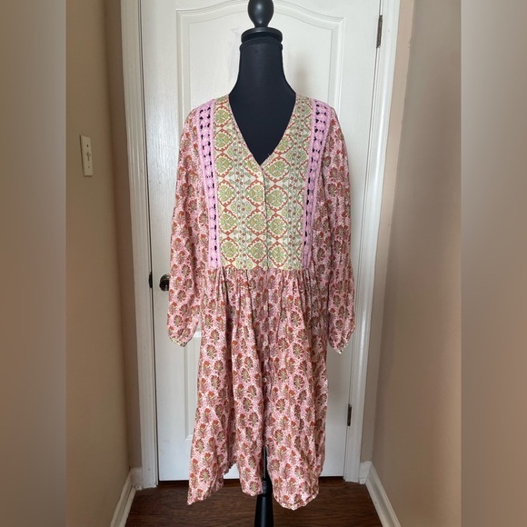 ZARA Rosie Crochet Trim Printed Maxi Dress Boho Pink Prairie Cotton Size XS - Picture 8 of 10
